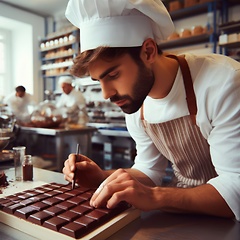 Image showing chocolatier pastry chef working on fine chocolates in kitchen ge