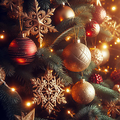 Image showing closeup of beautiful tree with lights and ornaments generative a