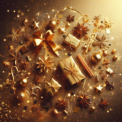 Image showing gold christmas ornaments in golden glitter background 