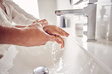 Image showing Father, girl or washing hands help in water for covid bacteria cleaning or morning hygiene wellness. Zoom, man or child in home or house bathroom sink in safety skincare for healthcare security virus