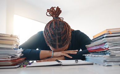 Image showing Stress, study and books with black woman sleeping at desk from burnout, tired or depression. Education, learning and knowledge with student rest at homework notebook with headache, anxiety or mistake