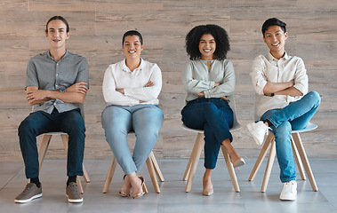 Image showing Business people, diversity or global office pride with women, men or employee teamwork in collaboration. Portrait, smile or happy black woman and design workers for about us in creative startup brand