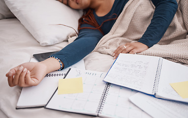 Image showing Calendar, time management and student sleeping in bed for studying education, learning knowledge and planning. Tired, burnout college university woman with notebook, sticky note planner and schedule