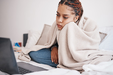 Image showing Depression, bed and woman streaming on a laptop, looking sad and lonely while searching for online comfort in bedroom. Mental health, anxiety and insomnia by bored black girl watching movie in home