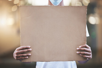 Image showing Black man, covid protest or mockup poster on billboard for climate change, planet earth or world healthcare. Volunteer with mask, abstract zoom or mock up global warming pollution on protest banner