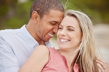 Image showing Happy couple smile, summer love outdoor travel in miami and young multicultural people. African black man hug with happiness, beautiful white woman laugh and natural bond time together in sunshine