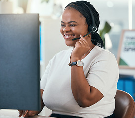 Image showing Black woman, computer sales and call center support, customer service and consulting advice, talking and loan helping in office. Happy african telemarketing consultant online crm communication on pc
