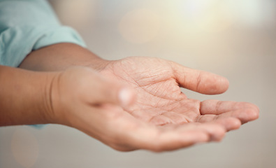 Image showing Person open hands for charity, support or poverty with lens flare and mockup. Community, love and care with empty palms in prayer, hope or faith icon or sign for advertising or marketing with mock up