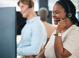 Image showing Call center, CRM and customer service woman working with headset, telemarketing and customer support in office. Contact us, help and business employee consultant with questions, loan or client advice