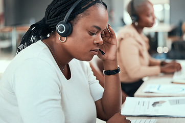 Image showing Black woman, call center and customer service online support workers at the office with headset. African female consultant, crm and telemarketing agent at work or company group helpdesk team.