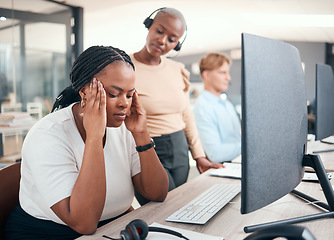 Image showing Stress, headache and frustrated in the office from work with exhausted woman at desk. Black businesswoman tired from performance in workplace with overworked, disappointed and upset worker