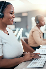 Image showing Black woman, call center and contact us teamwork in office for crm consulting, help or customer support. Happy smile receptionist, telemarketing consultant or sales women working in b2b communication