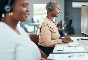 Image showing Customer service, call center and telemarketing consultant happy to help with friendly quality support. Black woman working as an insurance agent talking to a client for a communications company