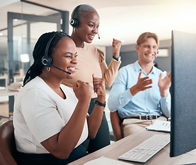 Image showing Call center, celebrate and cheer for success, target or online good review on computer with teamwork, motivation and diversity. Black women and man in customer support, telemarketing and CRM team