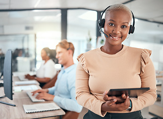 Image showing Call center, CRM and customer service woman with tablet and headset in telemarketing and customer support in office. Happy, smile and motivation with contact us, help and business employee consultant