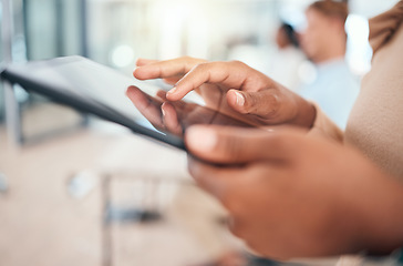 Image showing Tablet, woman hands and communication using technology for networking, social media and digital marketing. Female employee using 5g network internet connection while planning online in an office