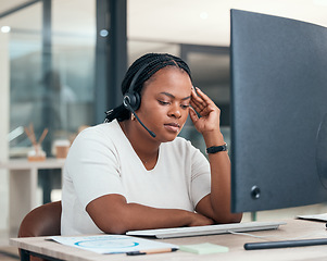 Image showing Stress, anxiety and burnout with a woman consultant working in a call center for customer care and support. Crm, contact us and telemarketing with a female at work in sales with pressure or a problem