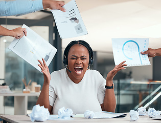 Image showing Stress, frustrated and woman screaming with paperwork at her desk in corporate modern office. Burnout, crumpled paper and angry telemarketing consultant with administration documents from managers.