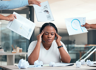 Image showing Stress, burnout and anxiety with a woman consultant working in a call center for customer service, telemarketing and sales. Crm, documents and support with an unhappy female with pressure at work