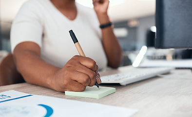 Image showing Receptionist, secretary or consultant with phone, writing client info on sticky note. Crm, communication and support, customer service at telemarketing company. Black woman consulting on office phone