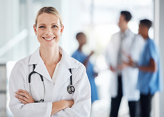 Image showing Doctor, healthcare and success woman with stethoscope smile, trust and leadership at medical hospital or clinic. Happy Finland pharmacist manager in medicine innovation, management vision and mission
