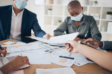 Image showing Accounting, audit and meeting team during covid with face mask. Strategy, planning and business men and black woman with data and documents. Financial advisor and accountant with growth report.