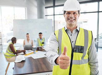 Image showing Thumbs up, leader and architect team working on architecture design for a home, house or skyscraper building. Senior man, manager or supervisor with thumbsup for motivation, teamwork or collaboration