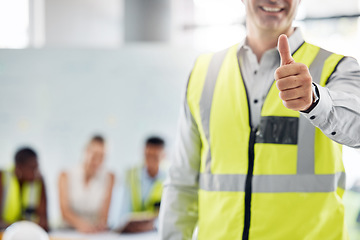 Image showing Thumbs up, success and happy architect man standing against a blurred background. Support, welcome or thank you with industrial construction designer designing a building architecture project at work