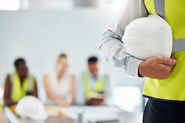 Image showing Building, construction and maintenance man employee holding a safety helmet. Construction worker ready to start working with contractor, handyman and builder people team on a job break with mockup