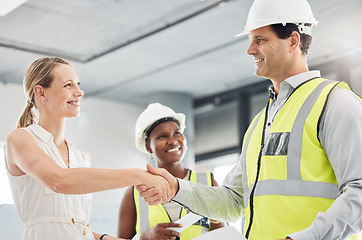 Image showing Welcome handshake and meeting with construction engineer for business contract deal together. Professional agreement hand gesture with industrial architect design workers busy with project.