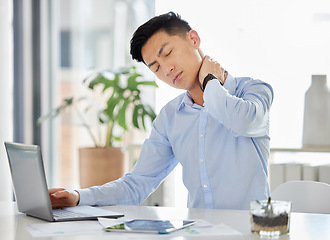 Image showing Stress, burnout and neck pain Asian man with headache, anxiety and depression working with laptop on report, tax or audit in office. Frustrated and tired business man with mental health overworked