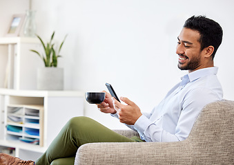 Image showing Business man, entrepreneur or ceo with phone drinking coffee while relax, smile and communication on social media in office. Businessman, leader or manager with smile, happy or success on smartphone