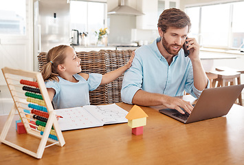 Image showing Child learning, home working and work call of a dad on a computer busy with digital planning. Business man talking and using technology while a girl tries to get attention to help with study book