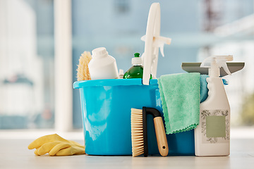 Image showing Cleaning, products and house service with container tools or chemical liquid cleaner in house, home interior. Service work, spring clean or housekeeping with plastic bottle, spray and brush in toilet