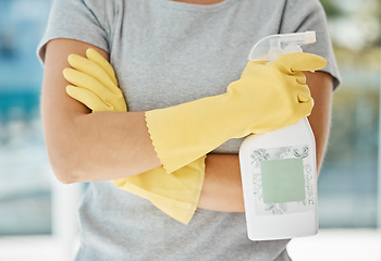 Image showing Cleaning service hands of woman or girl home cleaner with safety gloves and spray for house spring cleaning business. Housekeeping career employee, maid or worker with detergent liquid soap in bottle