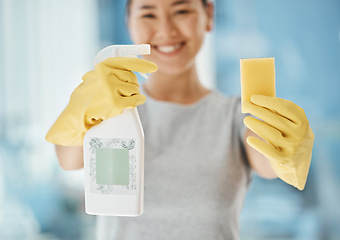 Image showing Cleaning service, product and woman with spray bottle, sponge and gloves for advertising or marketing in a bathroom, kitchen or house. Happy cleaner with success job for housekeeping liquid detergent