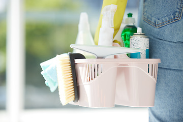 Image showing Home, cleaning and chemical products in a bucket for home care work and spring clean routine. Macro of cleaner with detergent spray, bottles and tools to scrub the interior of household.