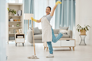 Image showing Fun asian woman, mop or cleaning living room with housekeeping floor product for home cleaner service, maid or worker. Happy, smile or healthcare maintenance in bacteria spring clean of interior room