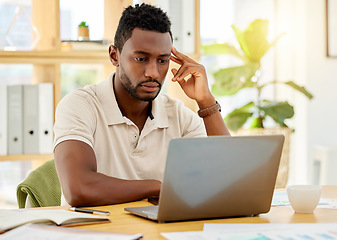 Image showing Reading email, work laptop and businessman thinking of strategy for corporate marketing business, planning website online on internet and working on computer. African web design employee at work