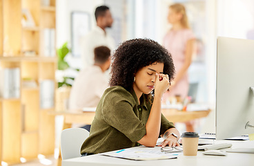 Image showing Work headache, burnout stress and digital business woman working on a computer 404 glitch. Corporate worker online using technology feeling depression and mental health anxiety from tech report