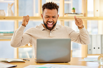 Image showing Black man, winner and celebrating stock sale, profit and success online with laptop. Business trader gets high return, reward for investment and crypto currency. Excited, happy and cheering economist