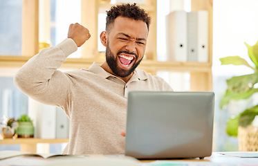 Image showing Celebrate success, reading email and businessman trading online with laptop, excited about online website and motivation while working on the internet. Advrtising worker happy about startup win