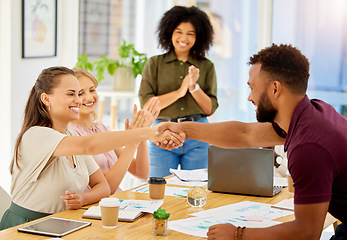 Image showing Business handshake, welcome employee and meeting for support in office, planning partnership deal and thank you for collaboration at work. Employee applause for motivation and team target success