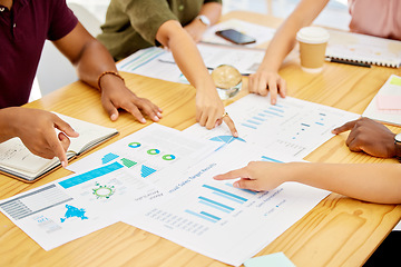 Image showing Hands of business people with teamwork, collaboration and planning strategy for company KPI data future growth. Analytics, documents and paper report with innovation, logistics and social media goals