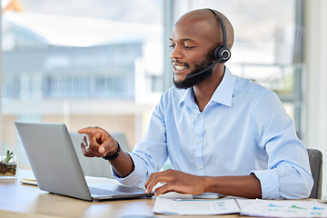 Image showing Telemarketing customer service, support and tech help man worker on a online web consultation. Internet consultant and call center employee with headset doing digital, crm and contact us consulting