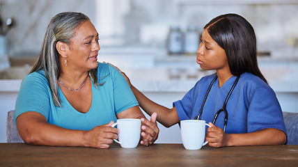 Image showing Black woman, nurse or elderly patient support, talking or comfort. Medical consultant, caregiver or female doctor having conversation with elderly woman at nursing home for trust, advice or help.