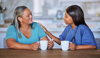Image showing Black woman healthcare doctor with elderly patient talking for support, trust and help at nursing home. African medical volunteer, caregiver or girl care, conversation and communication with senior