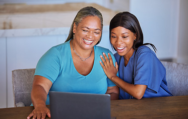 Image showing Happy senior woman and caregiver with laptop excited over video call, news or streaming exciting movie. Wow, communication and elderly retirement black woman and nurse in online conversation at home