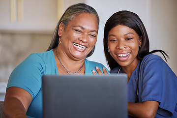 Image showing Laptop, family and social media with a black woman and girl using internet or wifi in a home to browse online or make a video call. Email, computer and technology with a mother and daughter bonding