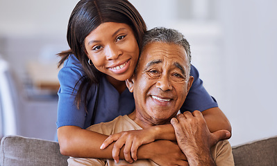 Image showing Nurse hug, healthcare and senior man with medical support from doctor, consulting for health and happy in communication during retirement. Portrait of sick person with trust in worker in house